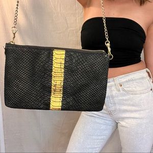 Black leather clutch purse/shoulder bag w gold chain